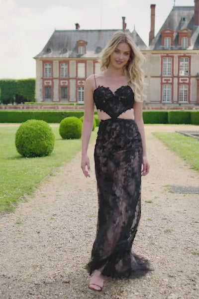 Sherri Hill style 56903 in peacock, Fitted Leaf Lace Gown