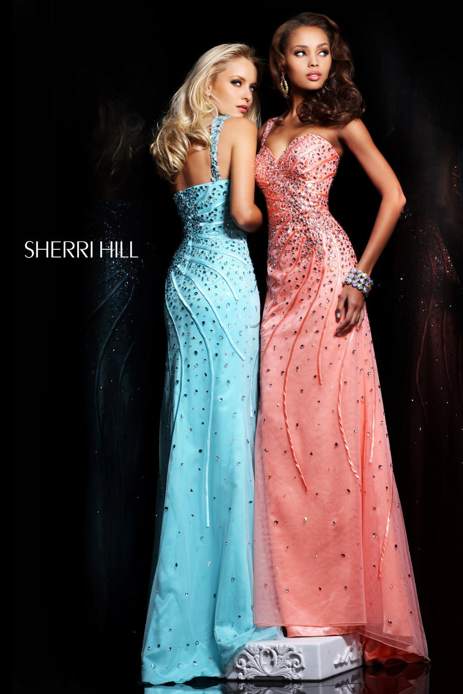 Sherri Hill style 1542 in aqua, Strapless Beaded Fitted Gown