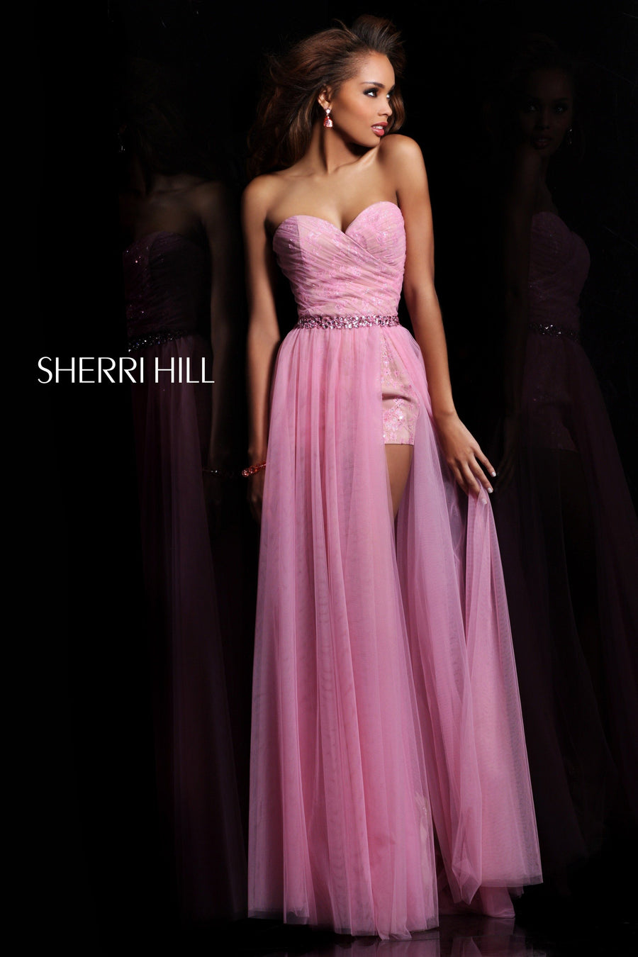 Sherri Hill style 1544 in ice mint/nude, Strapless Chiffon Gown with Slit