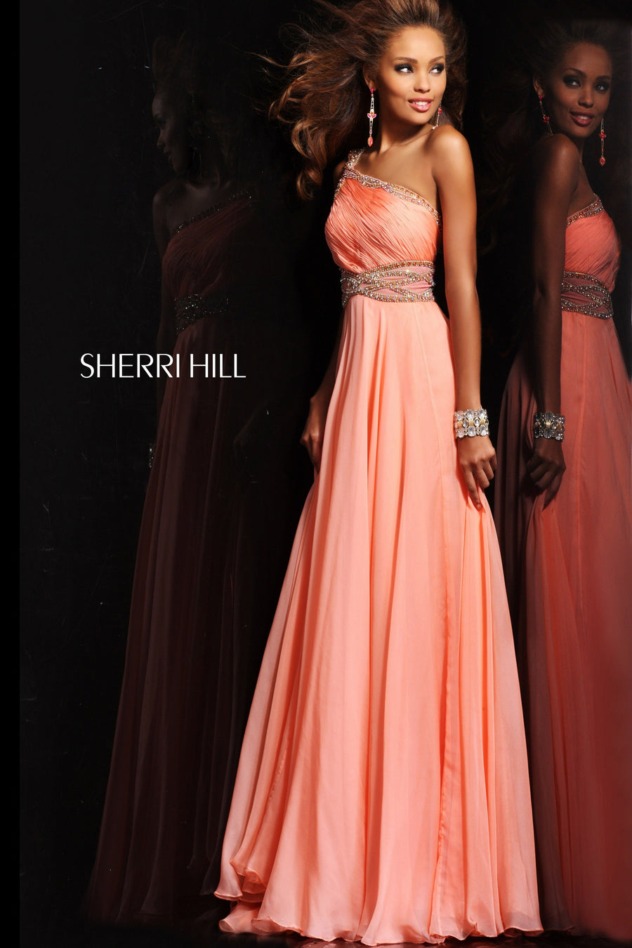 Sherri Hill style 1537 in melon, One-Shoulder Beaded Chiffon Gown