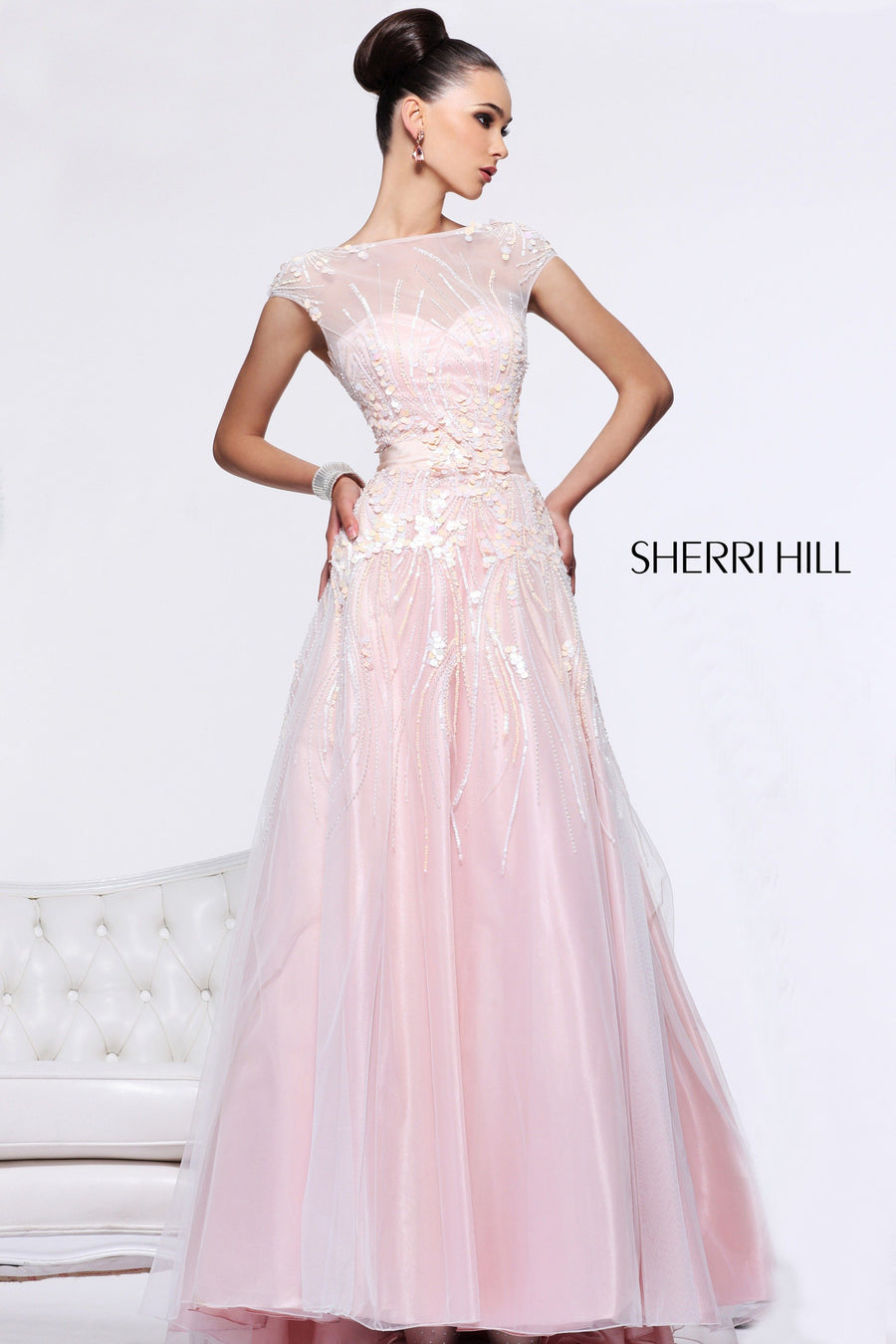 Sherri Hill style 1547 in blush, Cap-Sleeve Lace A-Line Gown