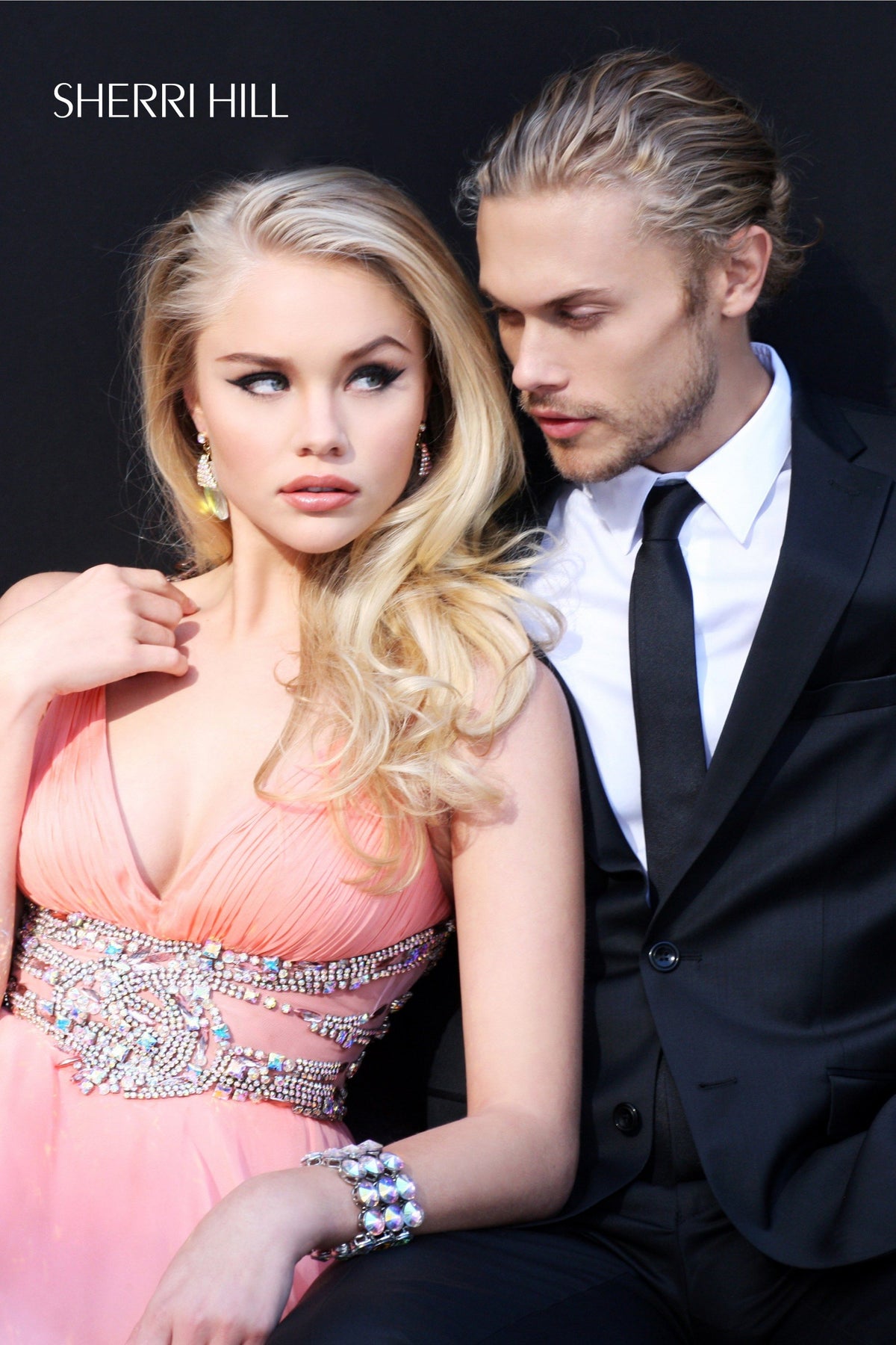 Sherri Hill 1550 V-neck chiffon gown with beaded waist