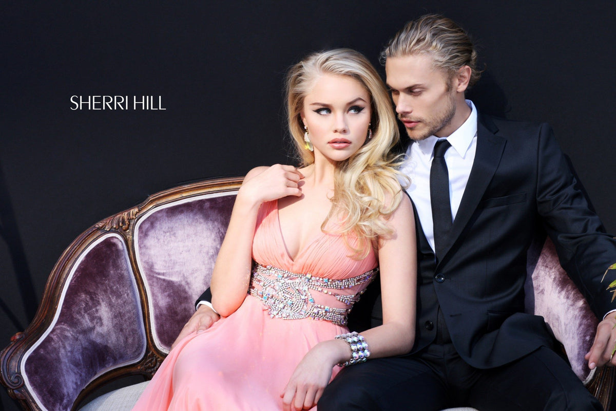 Sherri Hill 1550 V-neck chiffon gown with beaded waist