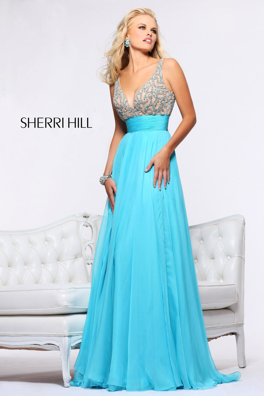 Sherri Hill style 1563 in aqua, One-Shoulder Beaded Chiffon Gown
