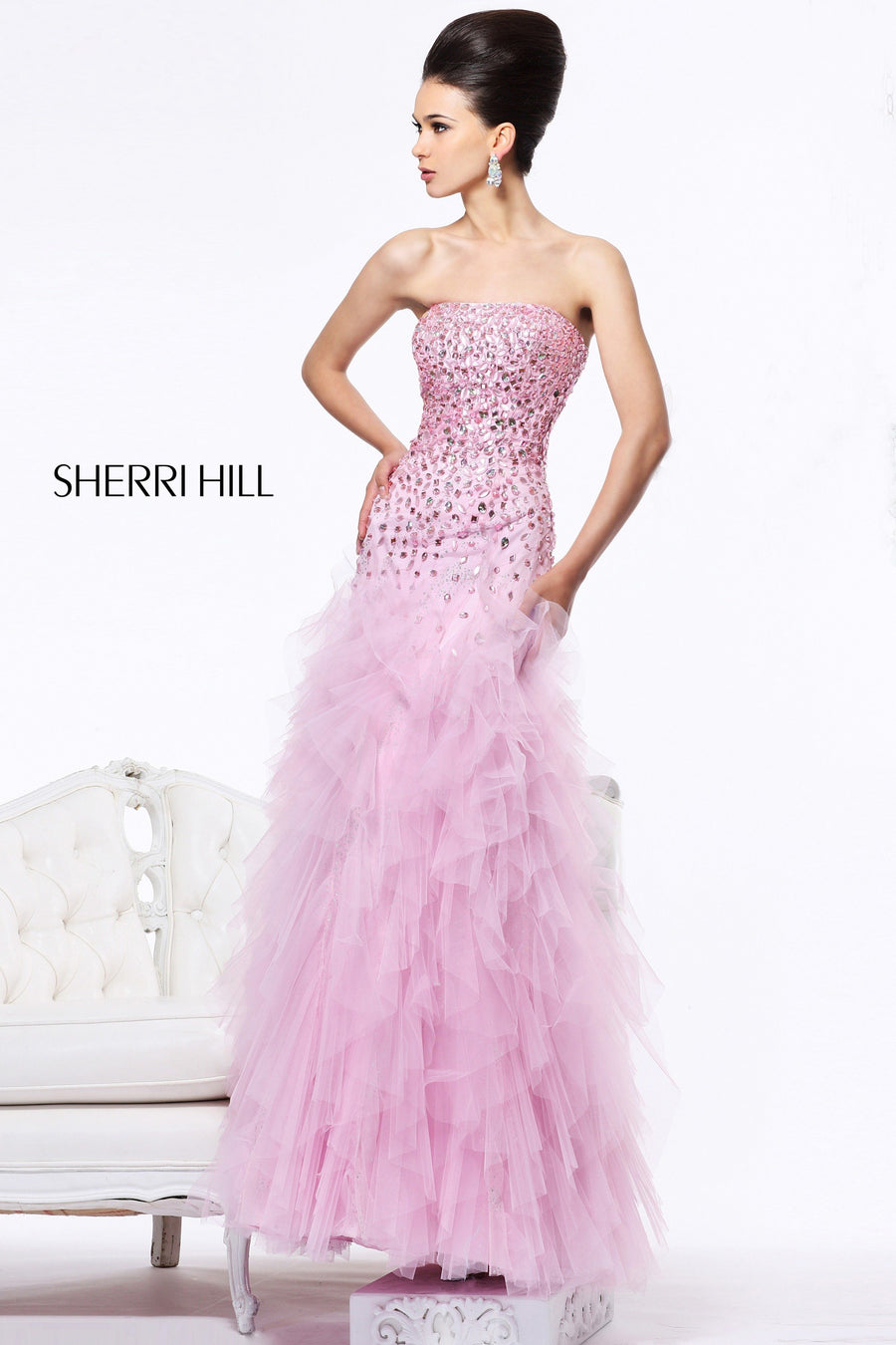 Sherri Hill style 1574 in pink, Strapless Beaded Gown with Ruffled Tulle Skirt