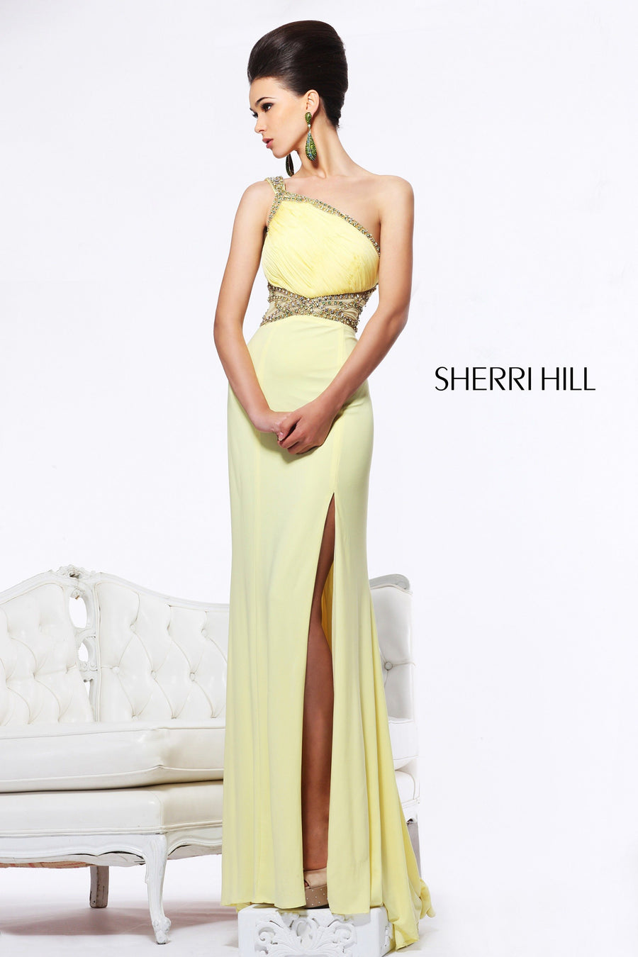Sherri Hill style 1576 in yellow, One-Shoulder Chiffon Gown with Slit