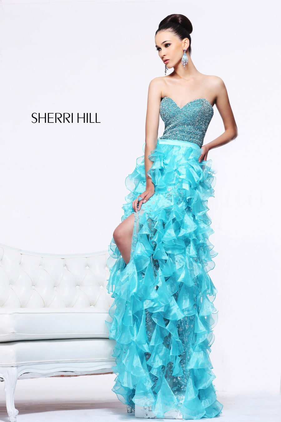Sherri Hill style 1577 in aqua, Sweetheart Beaded Gown with Ruffled Skirt