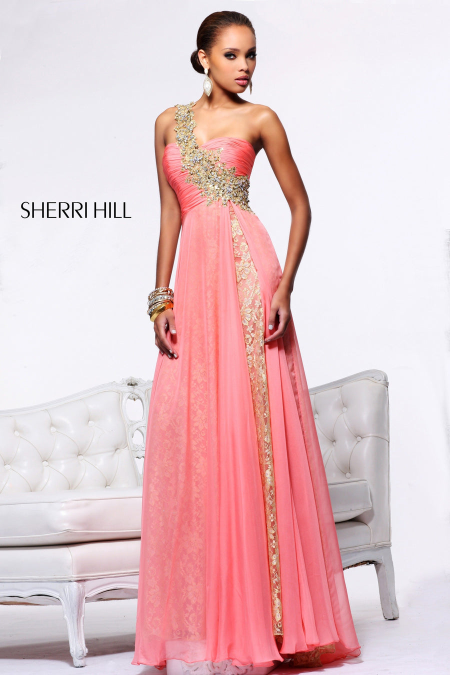 Sherri Hill style 1593 in coral/gold, One-Shoulder Beaded Chiffon Gown with Slit