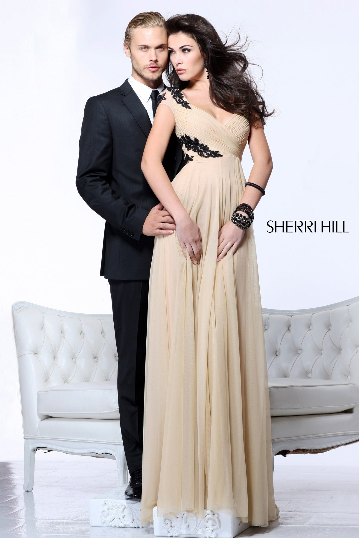 Sherri Hill 1606 strapless chiffon gown with beaded neckline in nude/black