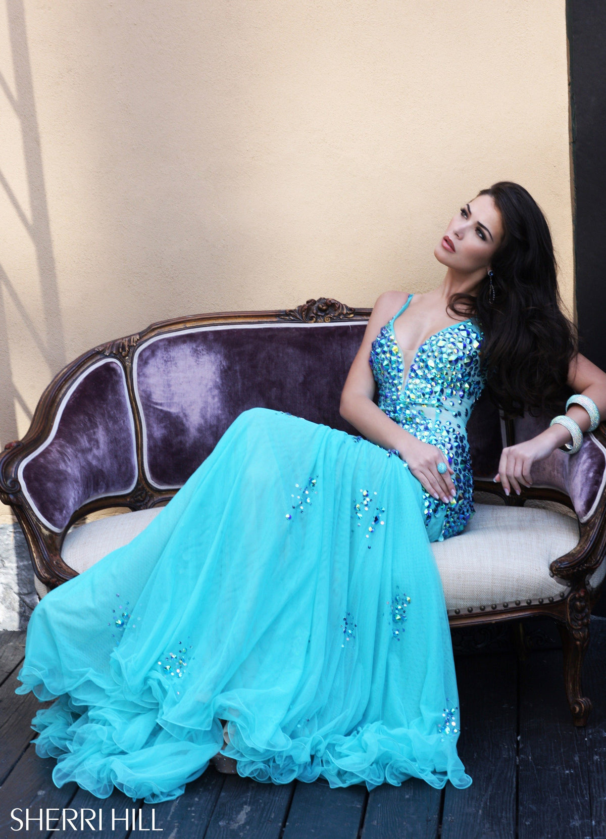 Sherri Hill 2972 strapless beaded gown with chiffon skirt in aqua