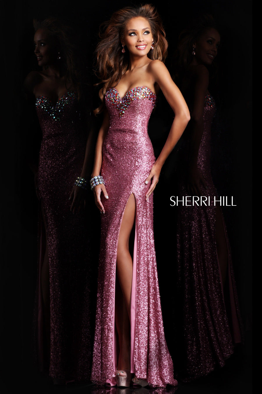 Sherri Hill style 2977 in pink, One-Shoulder Beaded Fitted Gown with Slit