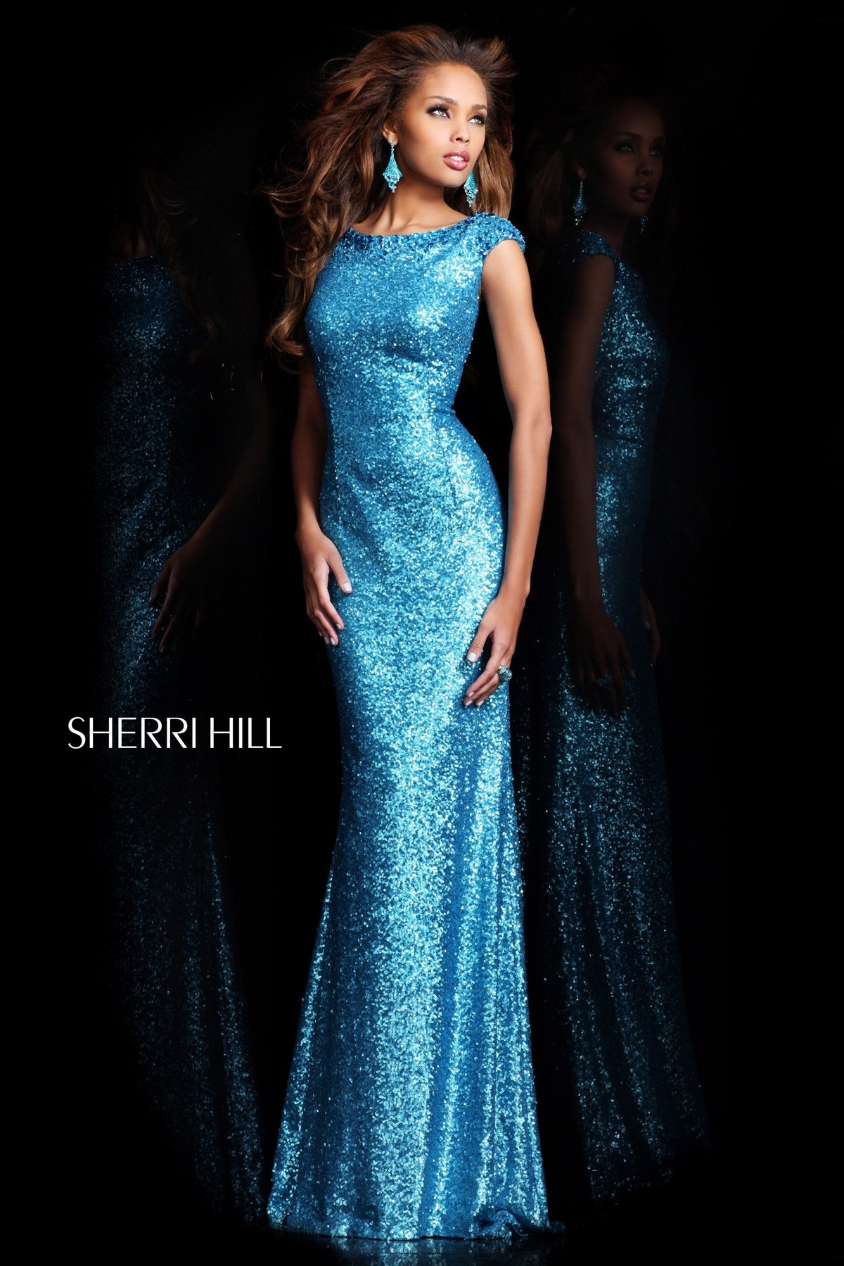 Sherri Hill 2978 open-back sequin fitted gown in turquoise