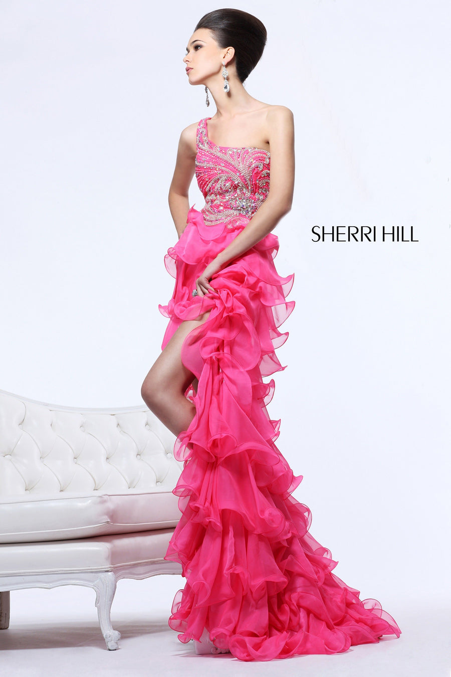 Sherri Hill style 3870 in orange, One-Shoulder Beaded High-Low Dress