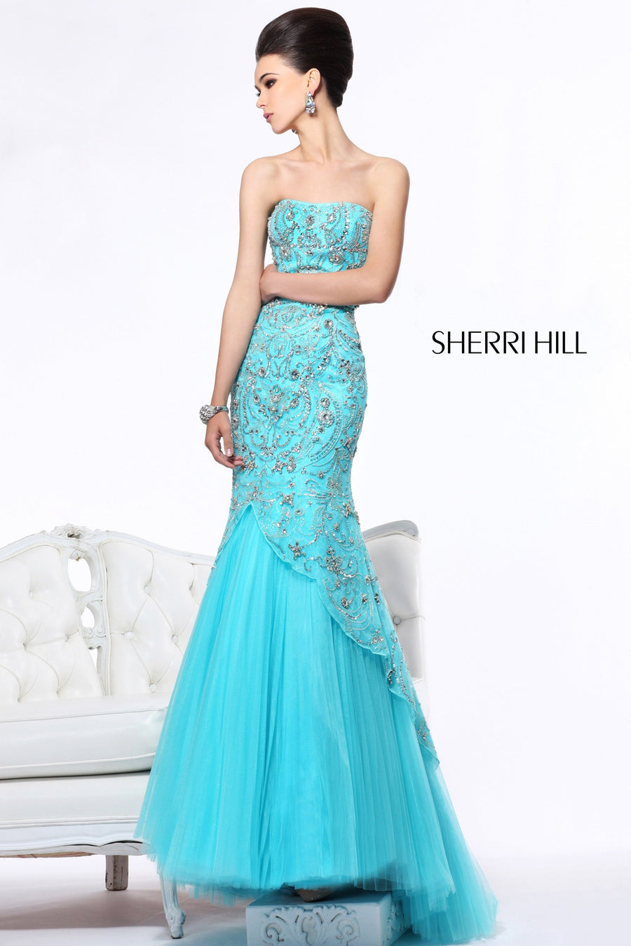Sherri Hill style 21042 in white/silver, Strapless Beaded Mermaid Gown