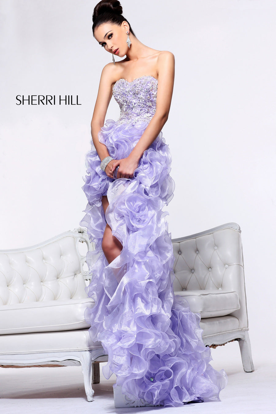 Sherri Hill style 3871 in ivory, One-Shoulder Beaded Gown with Ruffled Skirt