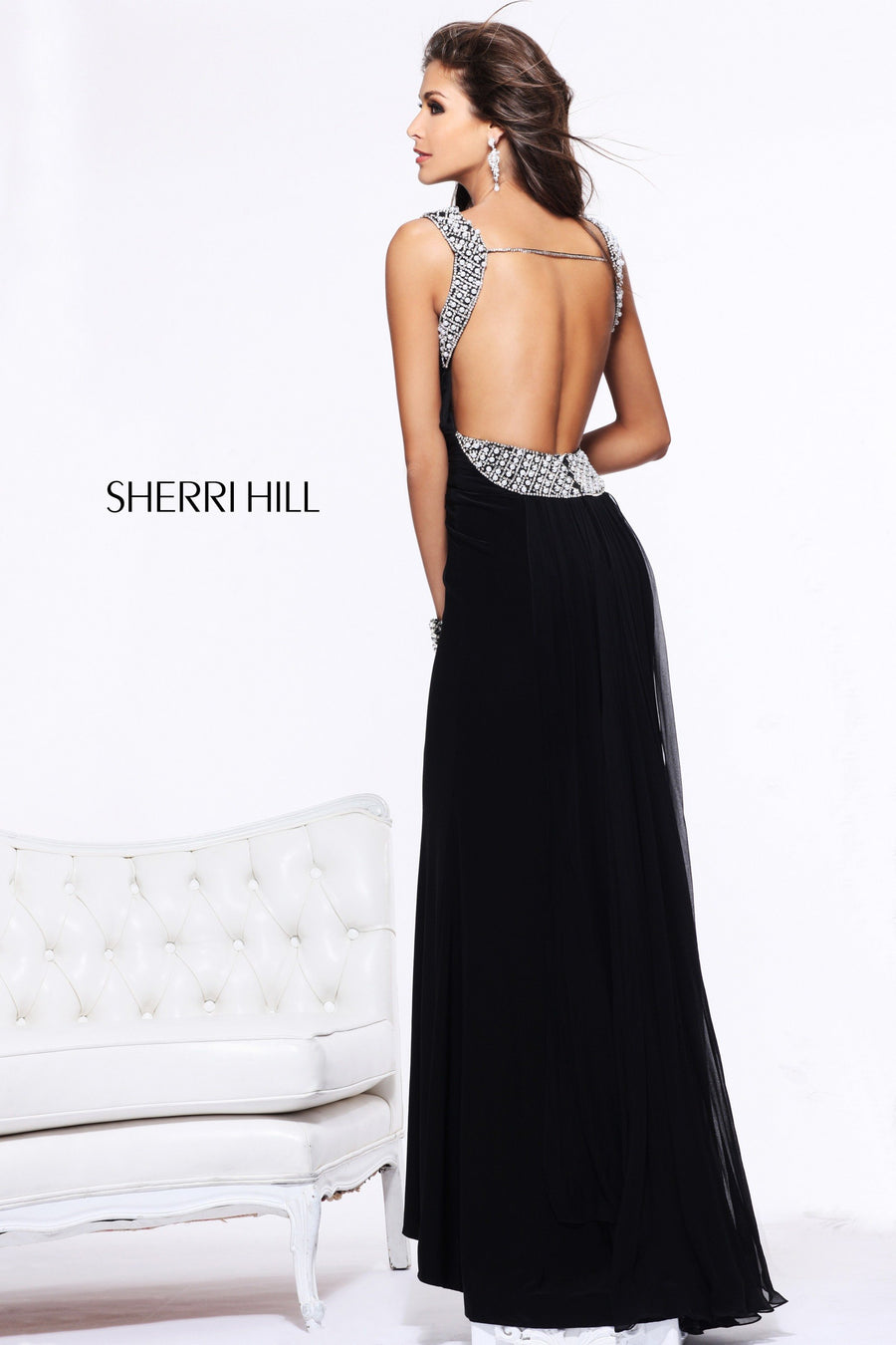 Sherri Hill style 11025 in black/white, Open-Back Beaded Jersey Gown