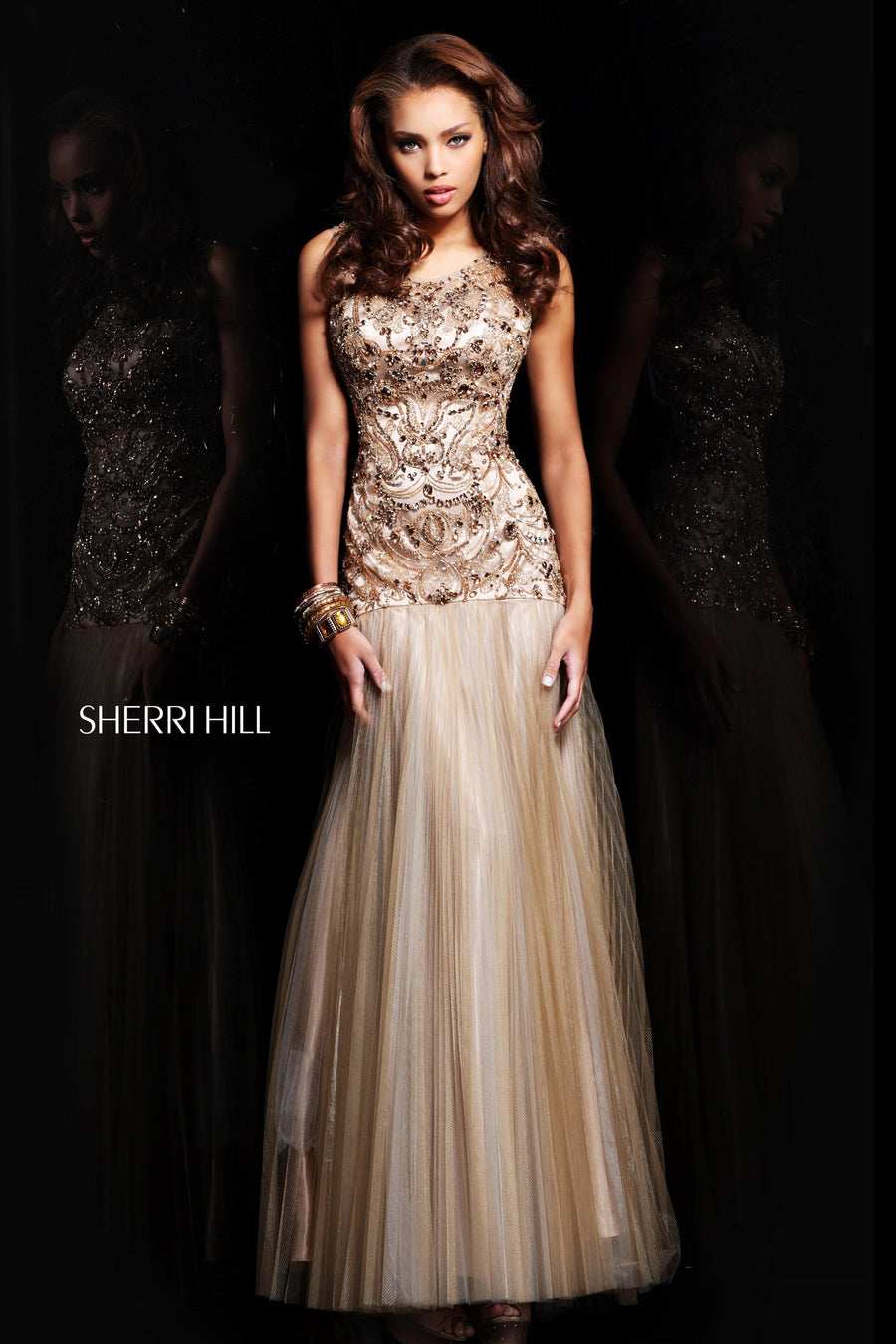 Sherri Hill style 21007 in aqua, Beaded Tulle Gown