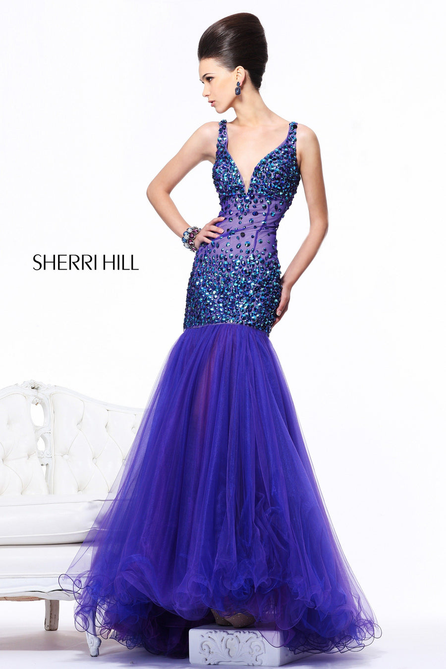 Sherri Hill style 21013 in purple, V-Neck Beaded Mermaid Gown with Tulle Skirt