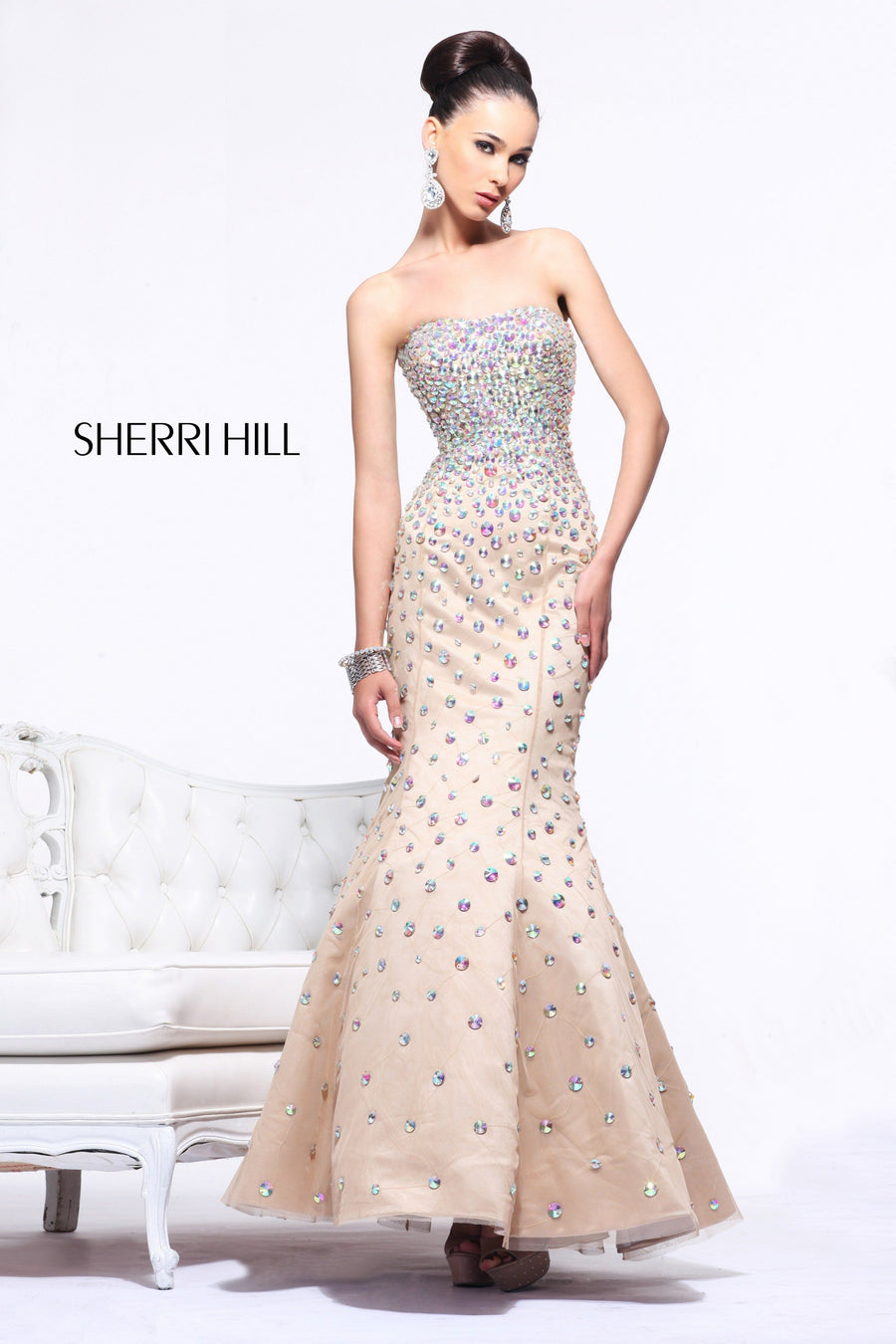 Sherri Hill style 21015 in nude/ab, One-Shoulder Beaded Mermaid Gown