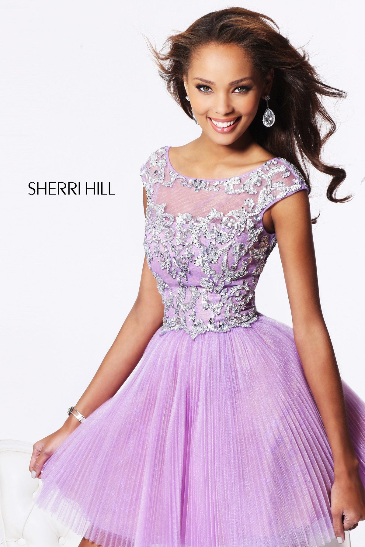 Sherri Hill 21032 cap-sleeve lace cocktail dress in lilac/silver
