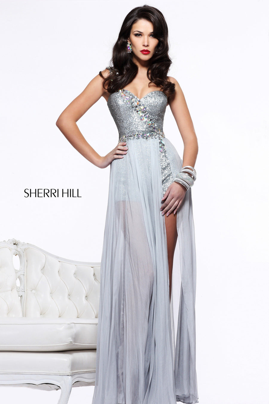 Sherri Hill style 21056 in silver, Strapless Beaded Chiffon Gown with Slit