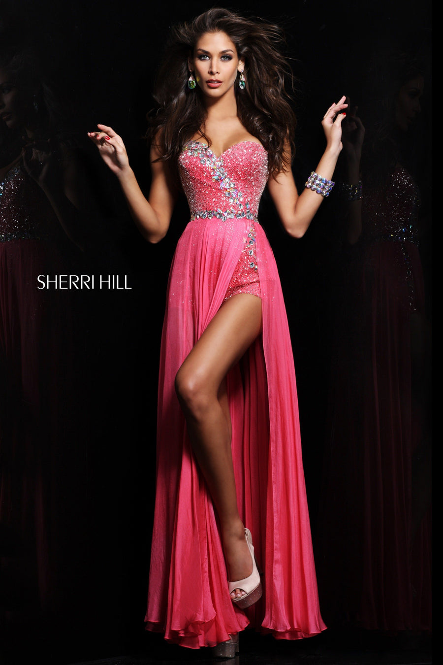 Sherri Hill style 21057 in watermelon, Strapless Beaded Chiffon Gown with Slit