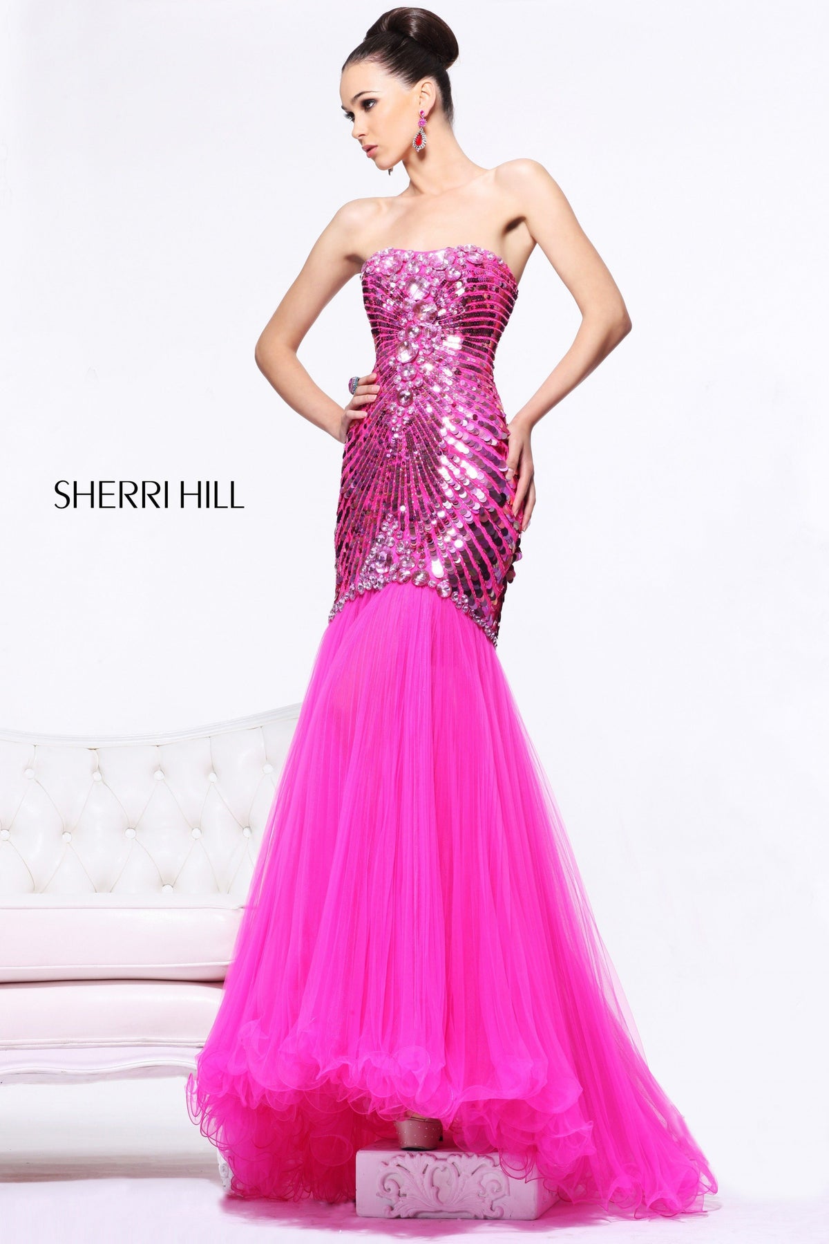 Sherri Hill 21060 strapless sequin mermaid gown with tulle skirt in fuchsia