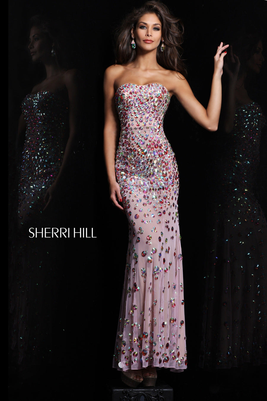 Sherri Hill style 21079 in nude/aqua, Strapless Beaded Fitted Gown