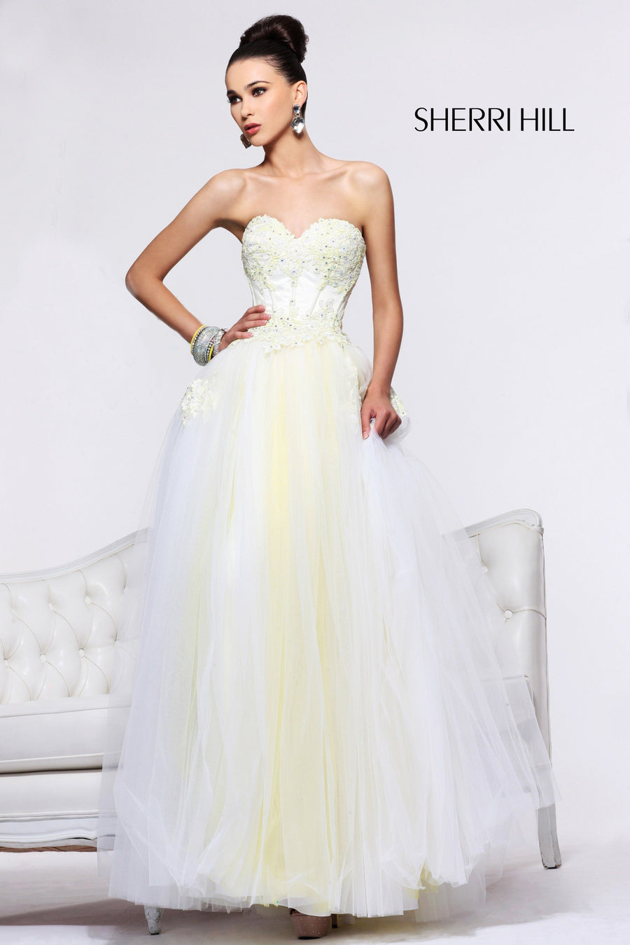 Sherri Hill style 21121 in ivory/yellow, Strapless Tulle Ball Gown