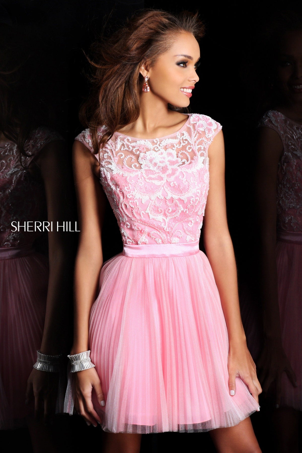 Sherri Hill 21167 cap-sleeve beaded cocktail dress in light pink/pink