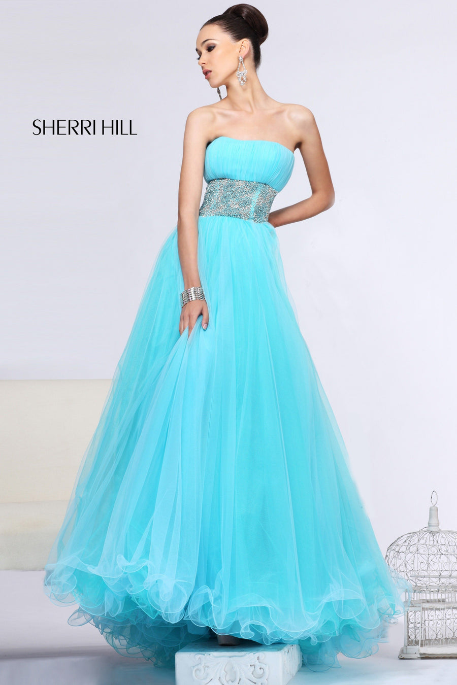 Sherri Hill style 21169 in light blue/aqua, Strapless Beaded Tulle Gown