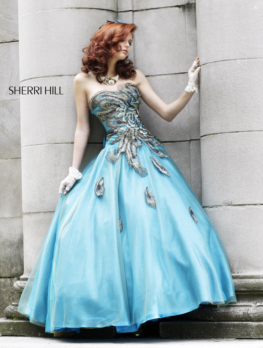 Sherri Hill style 7208 in peacock, Strapless Beaded Ball Gown