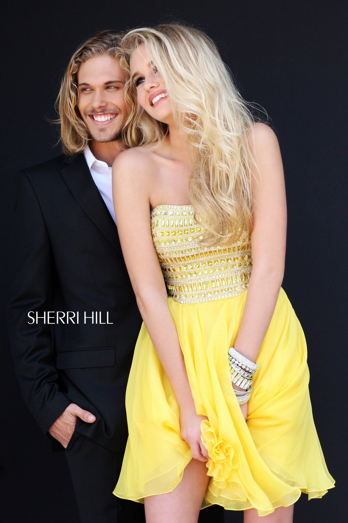 Sherri Hill 11028 strapless beaded cocktail dress in yellow