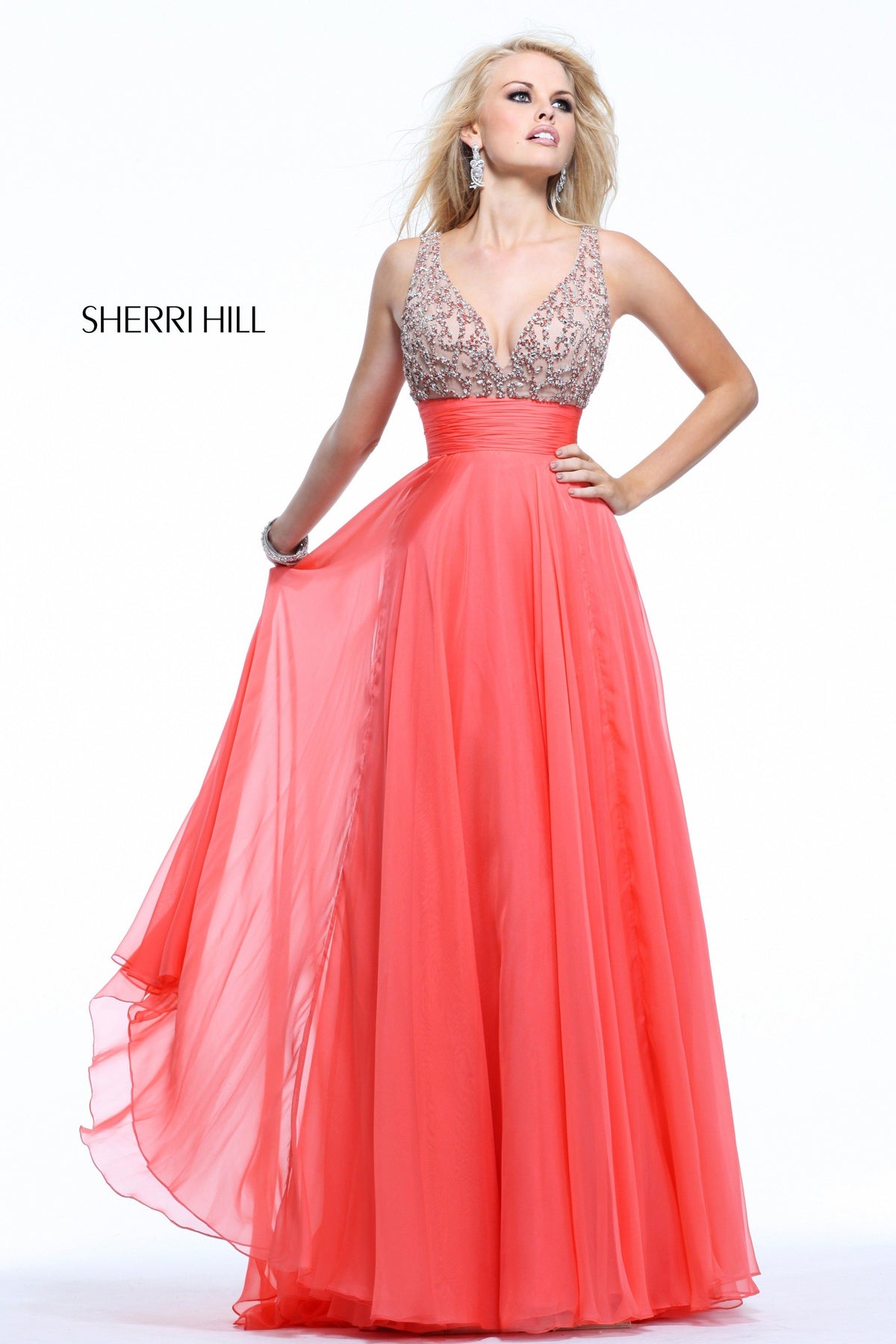 Sherri Hill 1563 one-shoulder beaded chiffon gown in coral