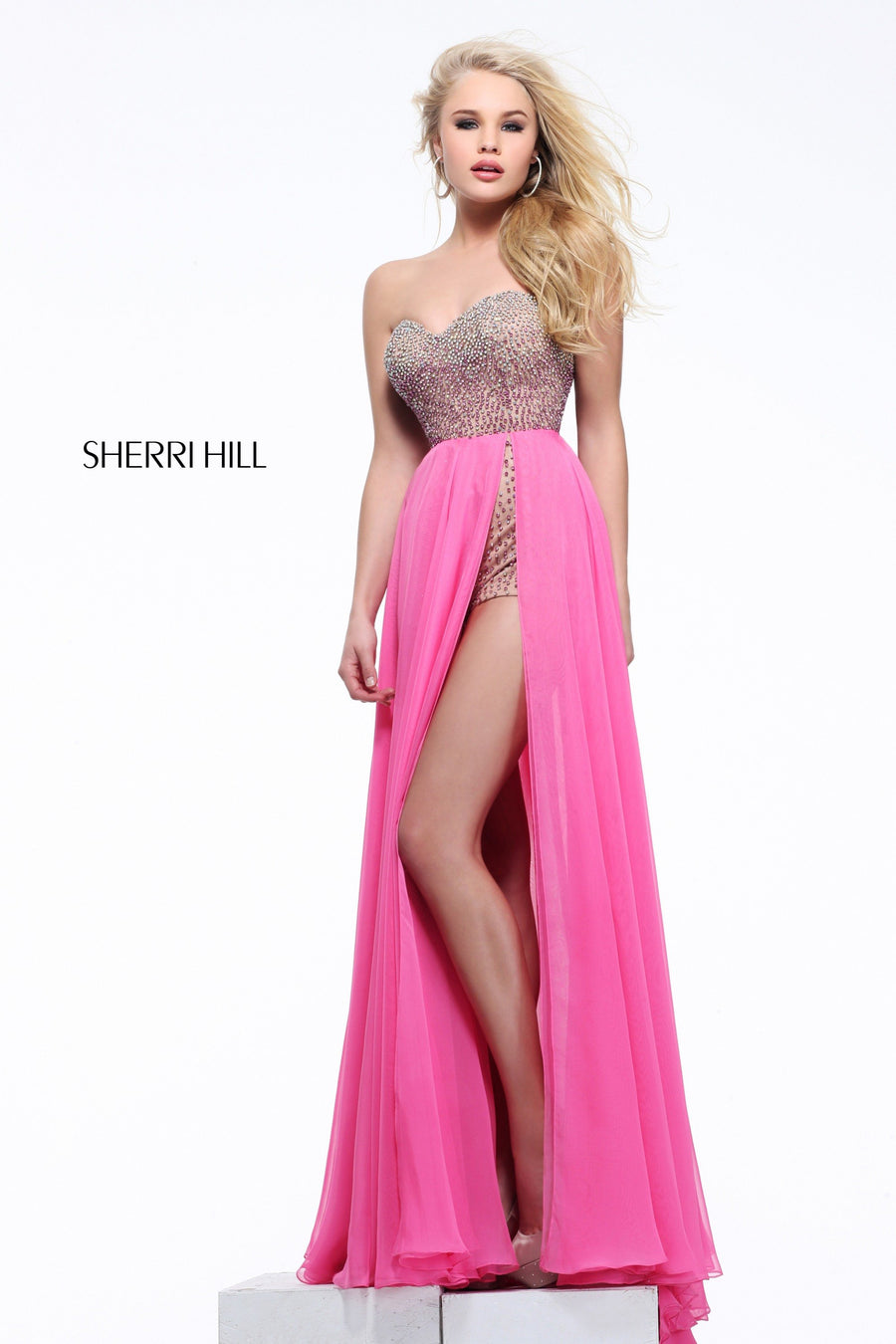 Sherri Hill style 1575 in pink, Strapless Beaded Chiffon Gown with High Slit