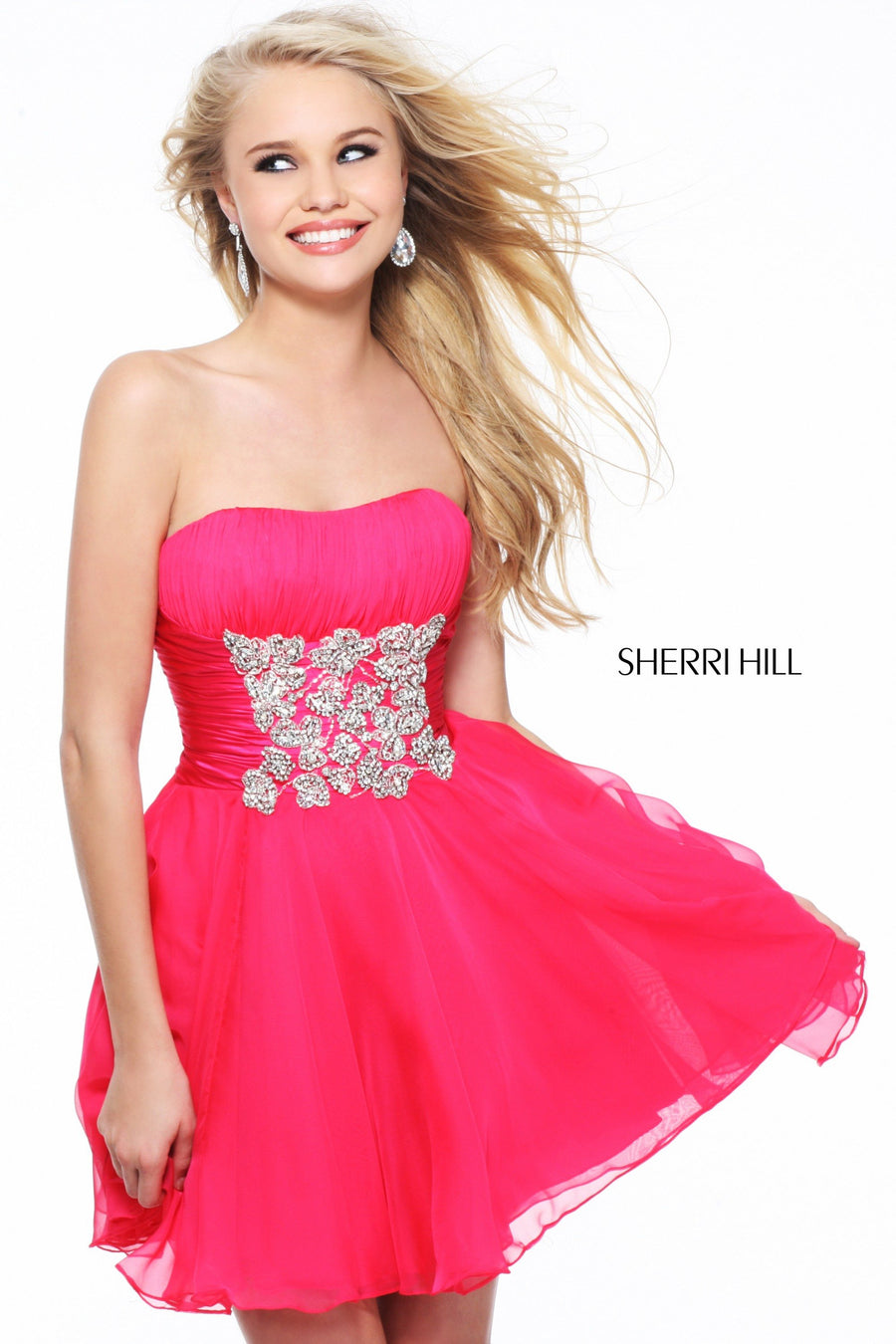 Sherri Hill style 1595 in lipstick, Strapless Cocktail Dress with Beaded Waist