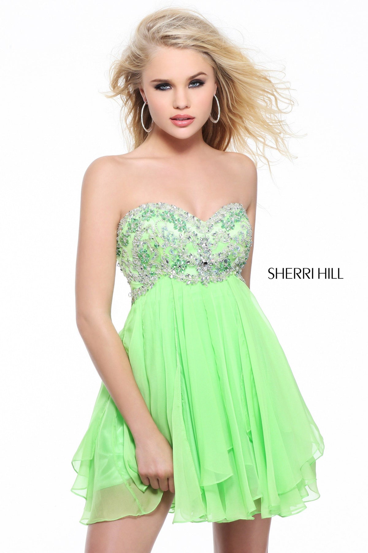 Sherri Hill 3868 sweetheart beaded chiffon cocktail dress in green