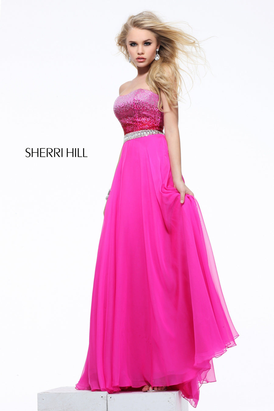 Sherri Hill style 21039 in fuchsia/silver, Strapless Chiffon Gown with Beaded Bodice