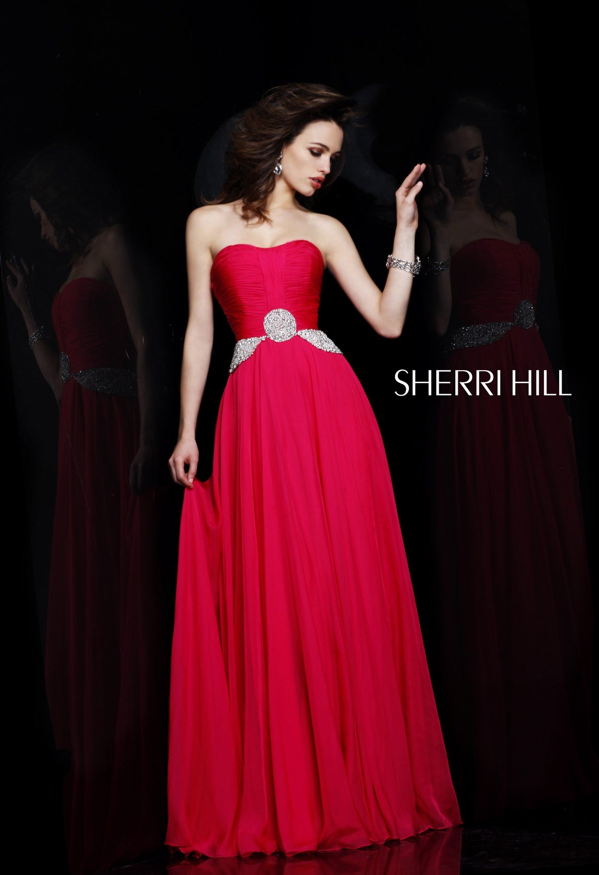 Sherri Hill 1463 strapless ruched chiffon gown with beaded waist in fuchsia