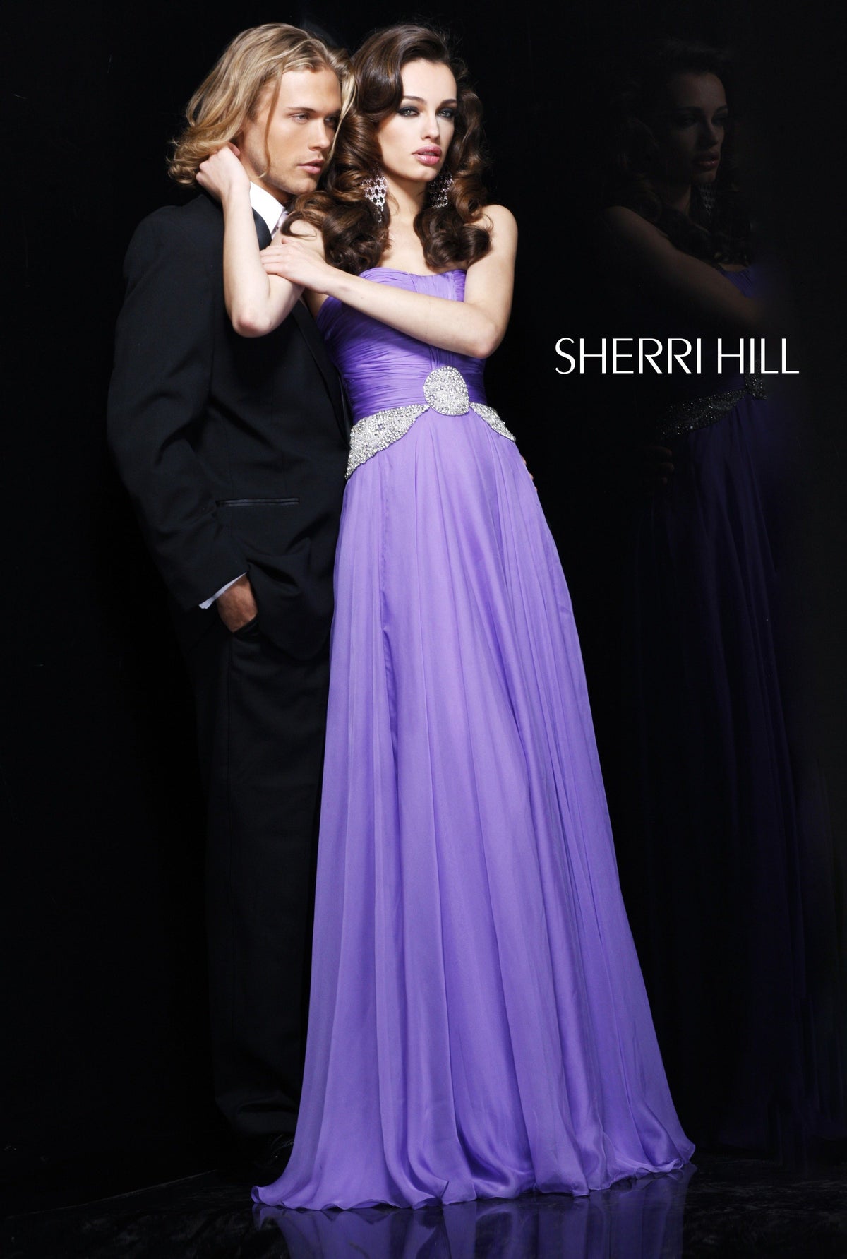 Sherri Hill 1463 strapless ruched chiffon gown with beaded waist
