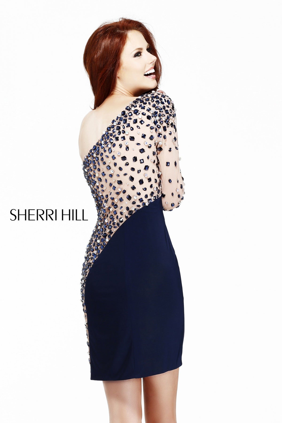 Sherri Hill 11037 one-sleeve beaded fitted cocktail dress