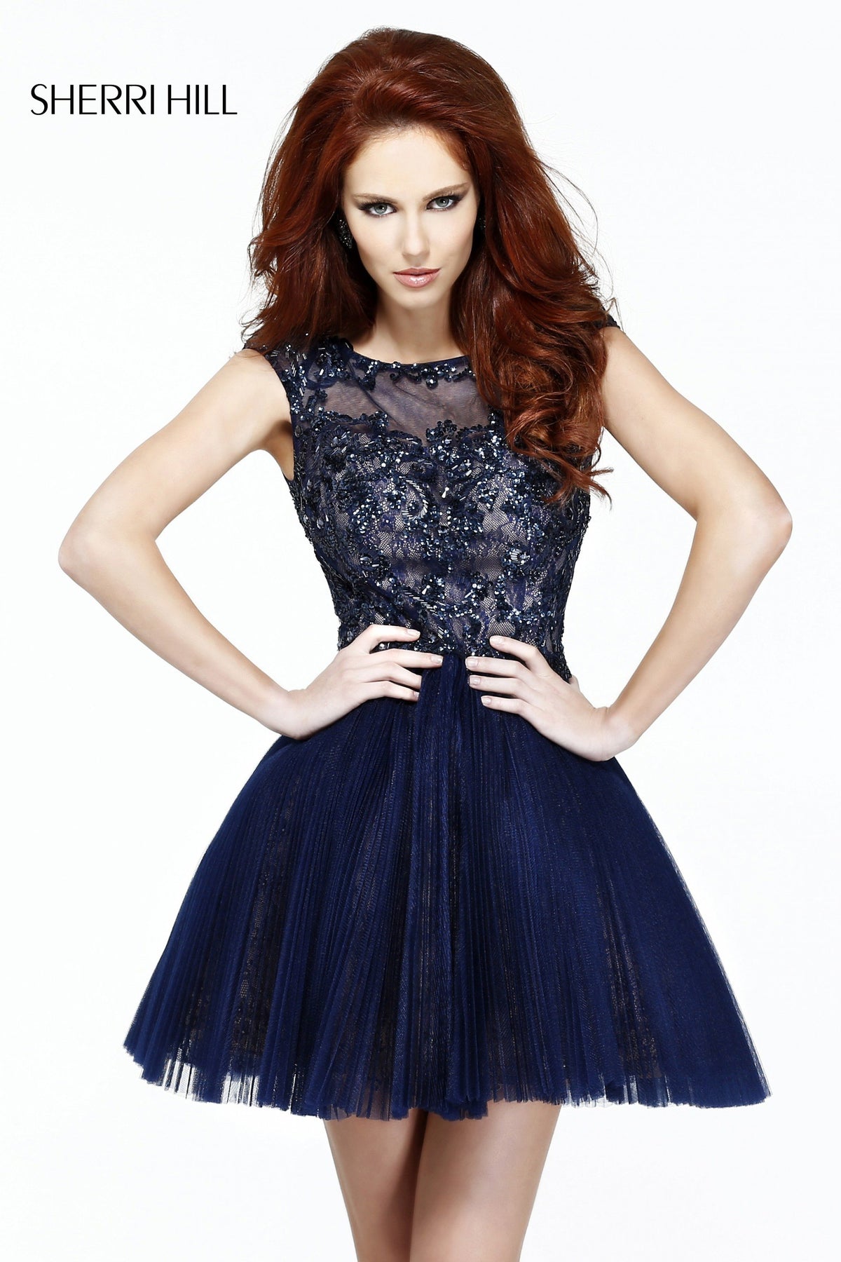 Sherri Hill 21032 cap-sleeve lace cocktail dress in navy/nude