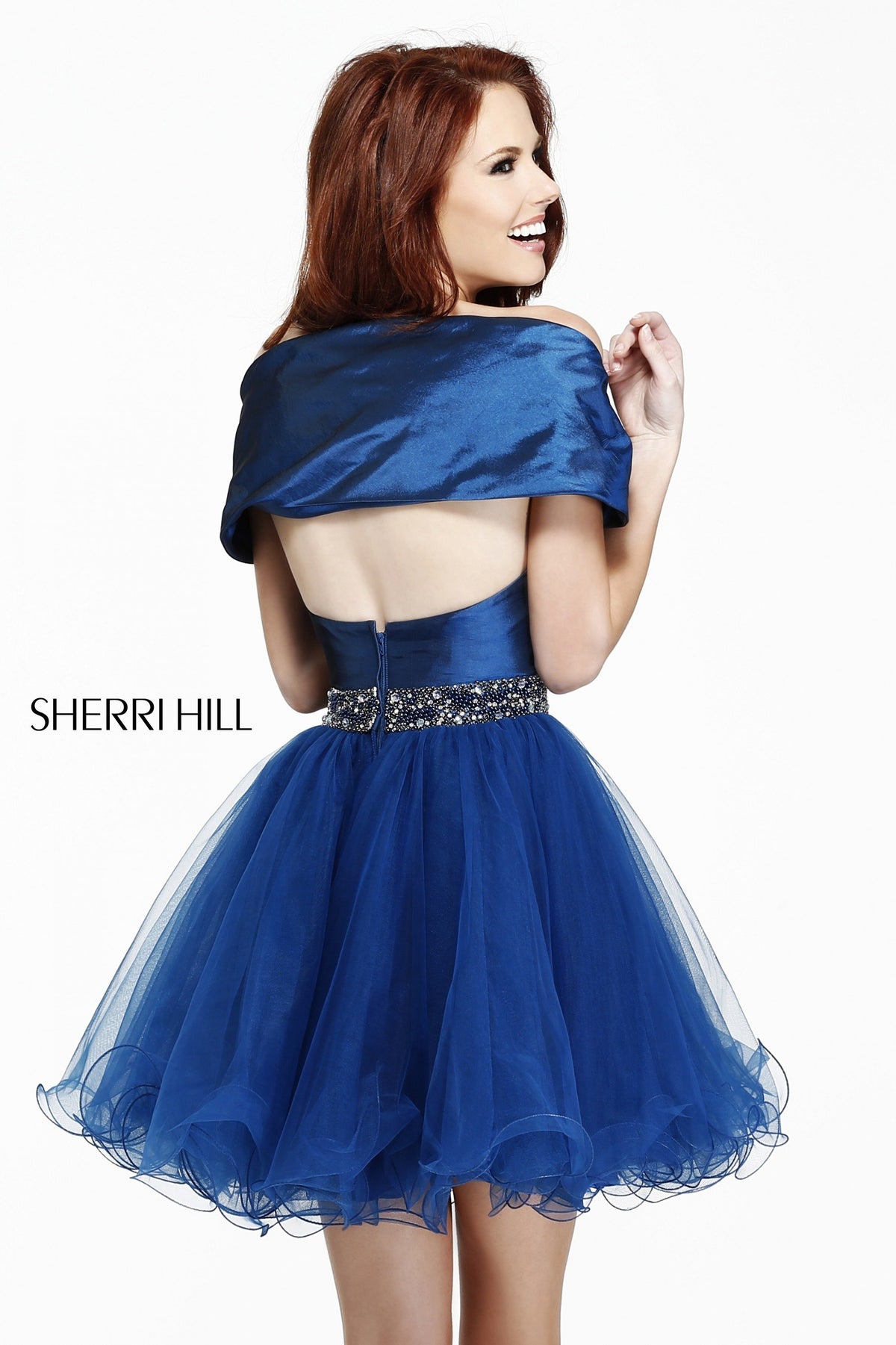 Sherri Hill 21192 off-the-shoulder cocktail dress with beaded waist