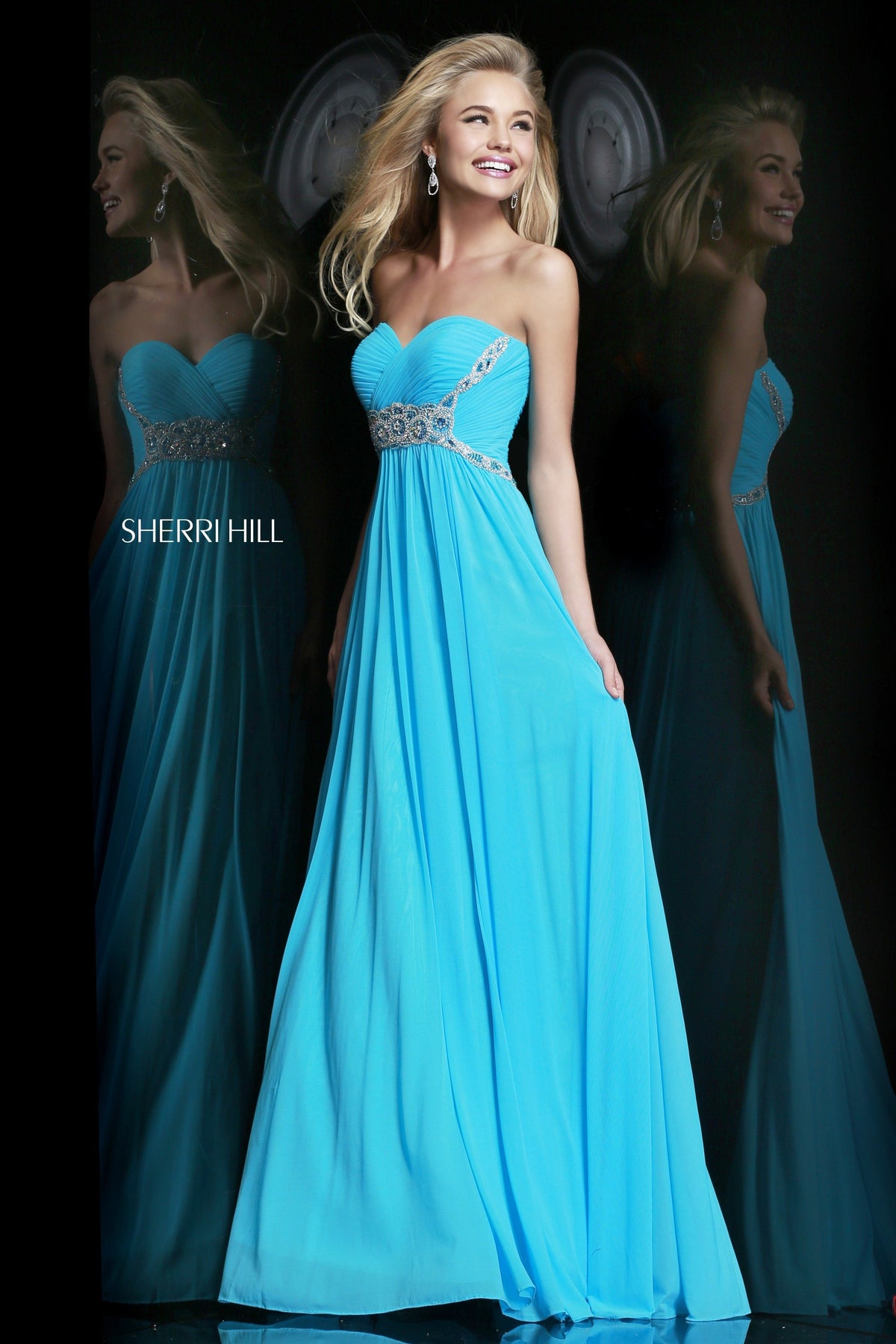 Sherri Hill 3904 one-shoulder beaded chiffon gown in turquoise
