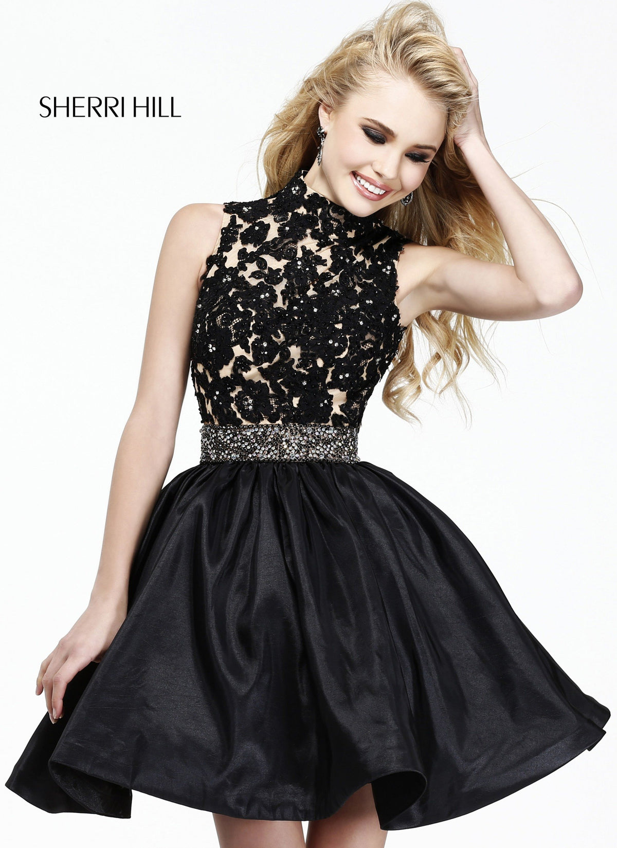Sherri Hill 21194 high-neck lace cocktail dress with full skirt in black