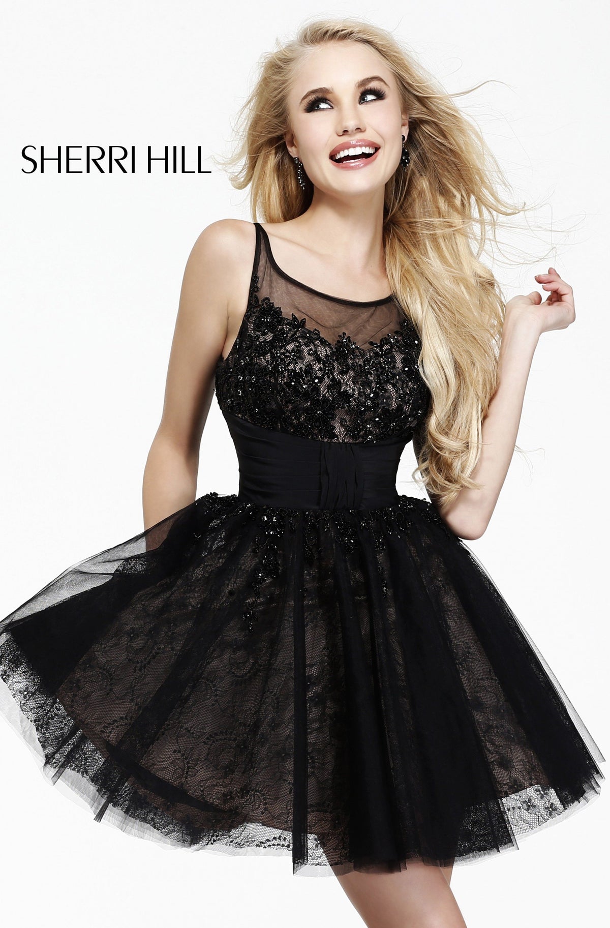 Sherri Hill 21200 beaded cocktail dress with tulle skirt in black/nude