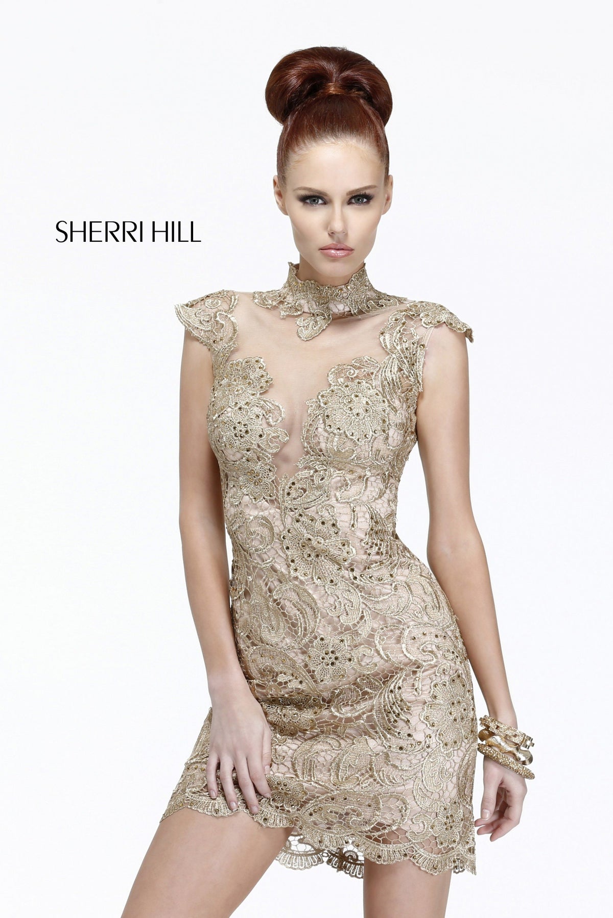 Sherri Hill 9701 high-neck lace cocktail dress in gold