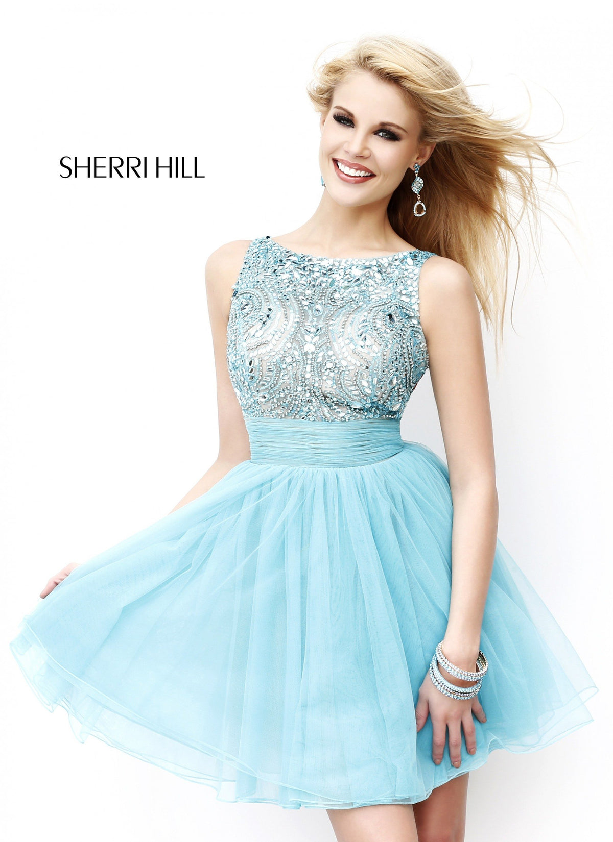 Sherri Hill 11032 beaded bodice cocktail dress with tulle skirt in light blue