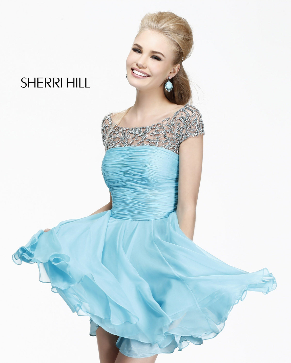 Sherri Hill 11039 cap-sleeve beaded chiffon cocktail dress in aqua
