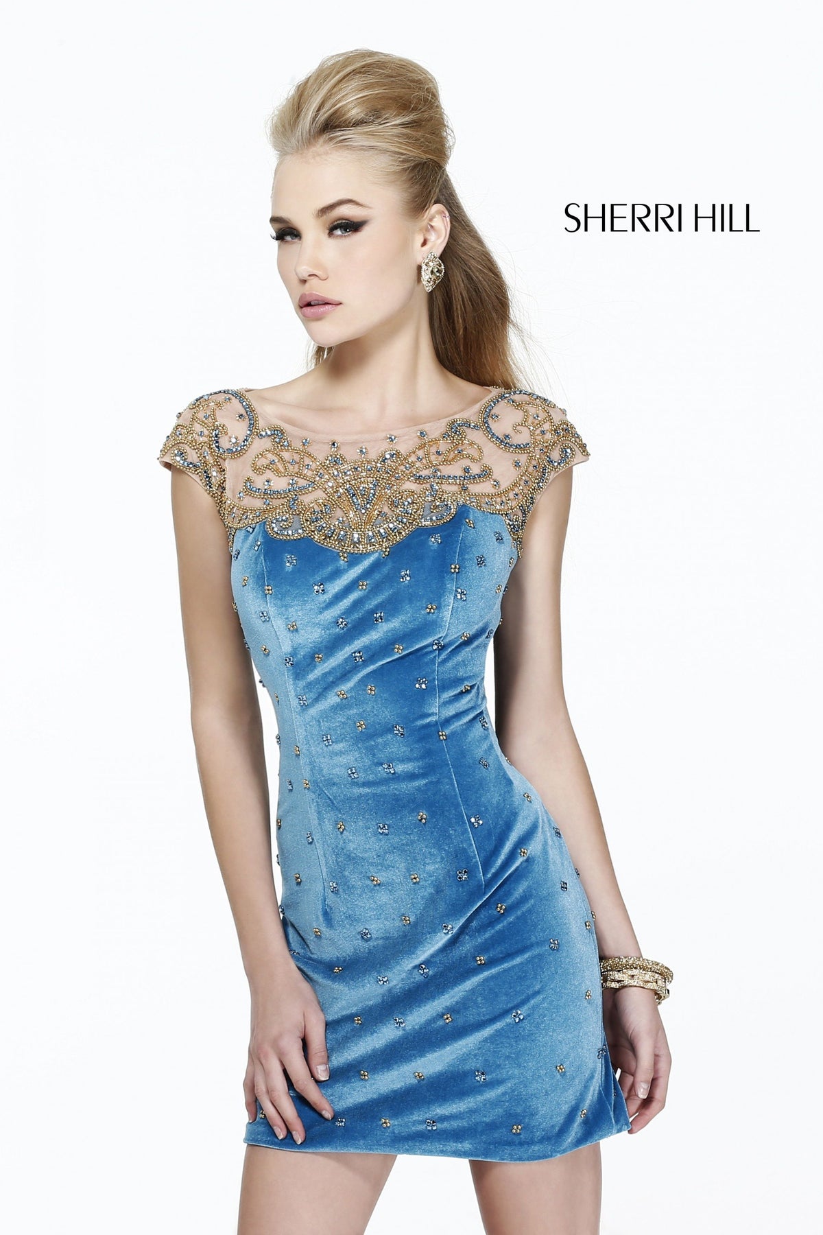 Sherri Hill 11042 cap-sleeve beaded fitted cocktail dress in blue